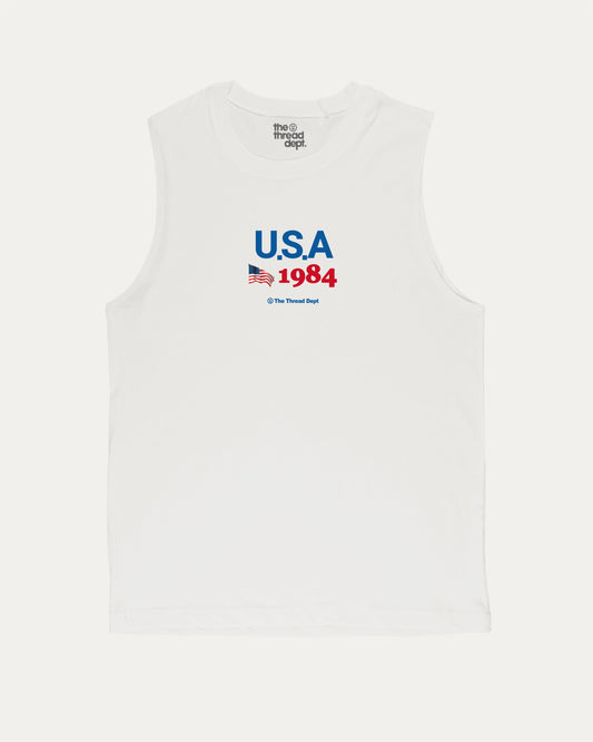 USA 1984 funny men's muscle tank, perfect for gym and casual wear. A must-have everyday tank top, strong style for active days. White muscle top
