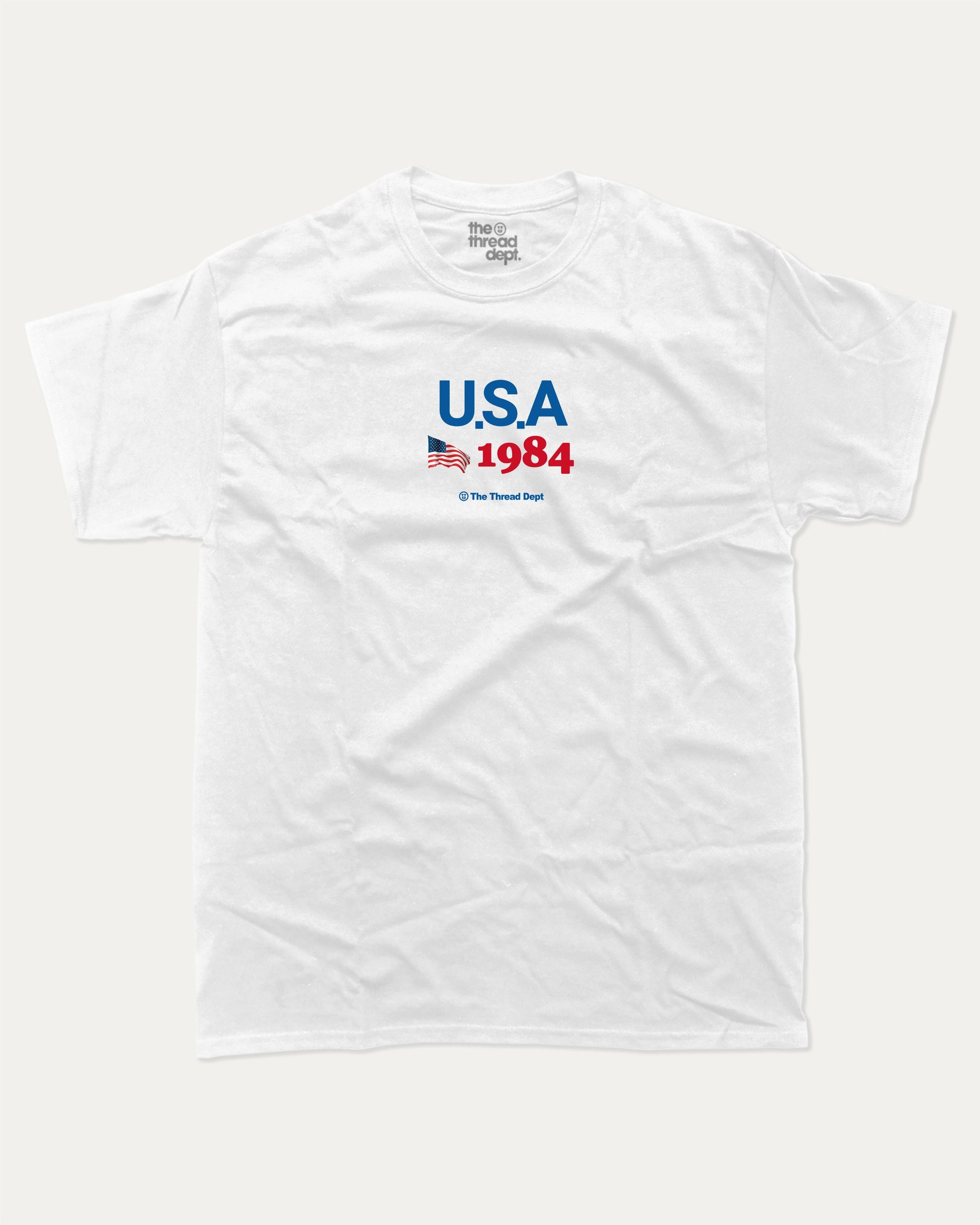 USA 1984 graphic t-shirt, perfect for adults. making it an ideal gift for national holidays like the 4th of July or for individuals who take pride in their country's heritage. White.