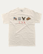 Vintage USA Icons graphic t-shirt, perfect for adults. Patriotic Tee, Fourth of July Graphic Tee, America Tee, USA T shirt, Murica T shirts, Retro Graphic T shirt, unique gift idea. Cream.