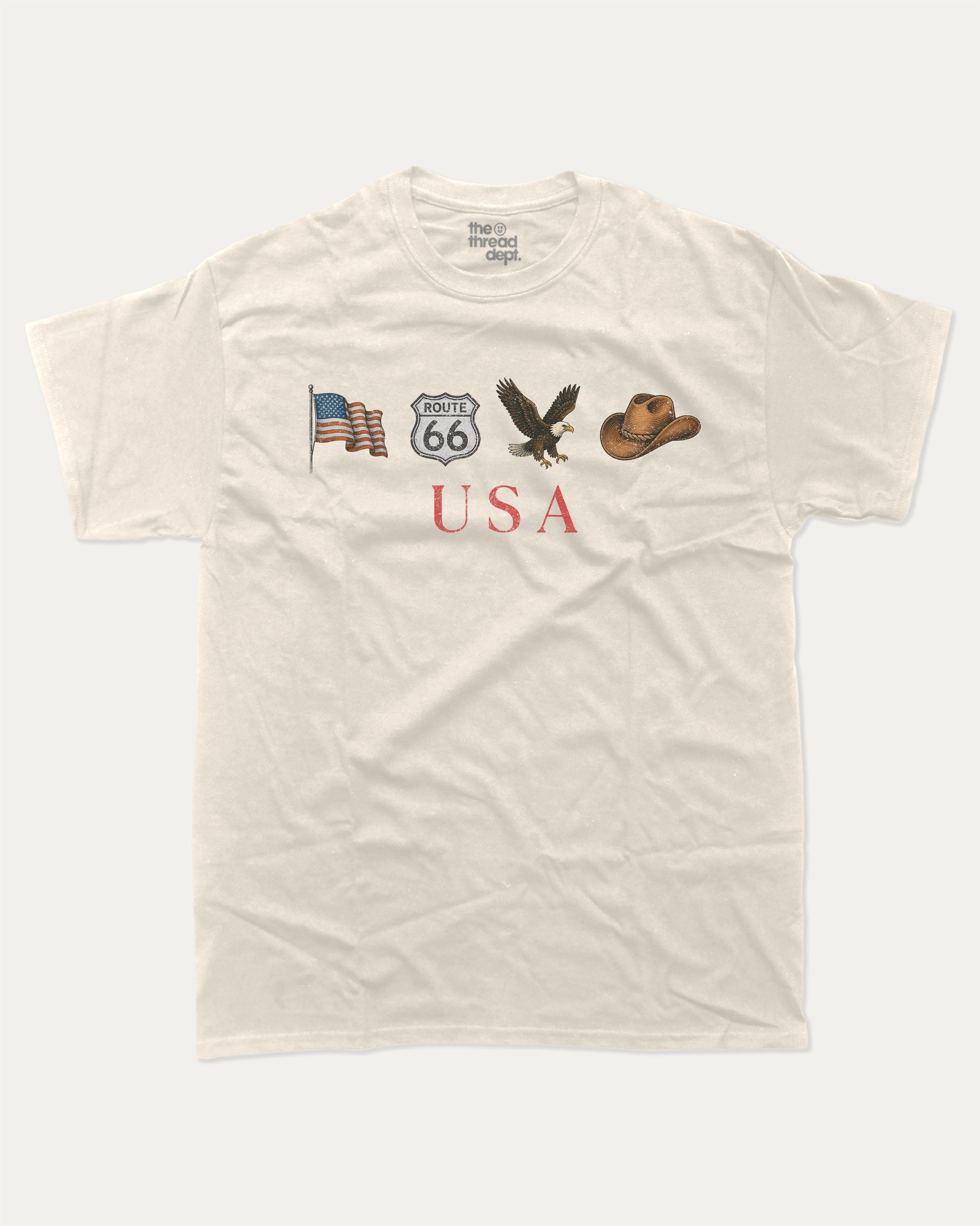 Vintage USA Icons graphic t-shirt, perfect for adults. Patriotic Tee, Fourth of July Graphic Tee, America Tee, USA T shirt, Murica T shirts, Retro Graphic T shirt, unique gift idea. Cream.