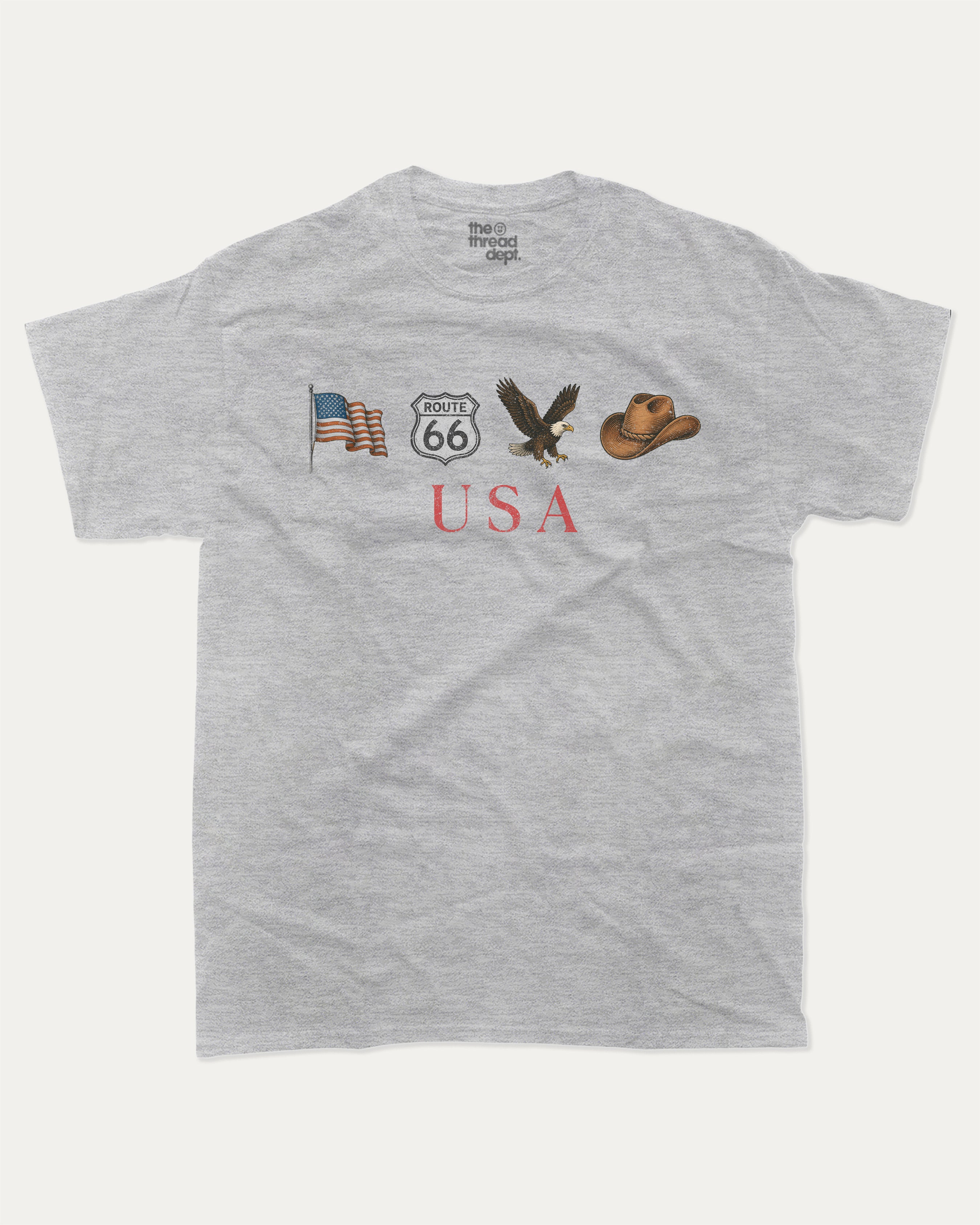 Vintage USA Icons graphic t-shirt, perfect for adults. Patriotic Tee, Fourth of July Graphic Tee, America Tee, USA T shirt, Murica T shirts, Retro Graphic T shirt, unique gift idea. Heather Grey.