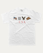 Vintage USA Icons graphic t-shirt, perfect for adults. Patriotic Tee, Fourth of July Graphic Tee, America Tee, USA T shirt, Murica T shirts, Retro Graphic T shirt, unique gift idea. White.