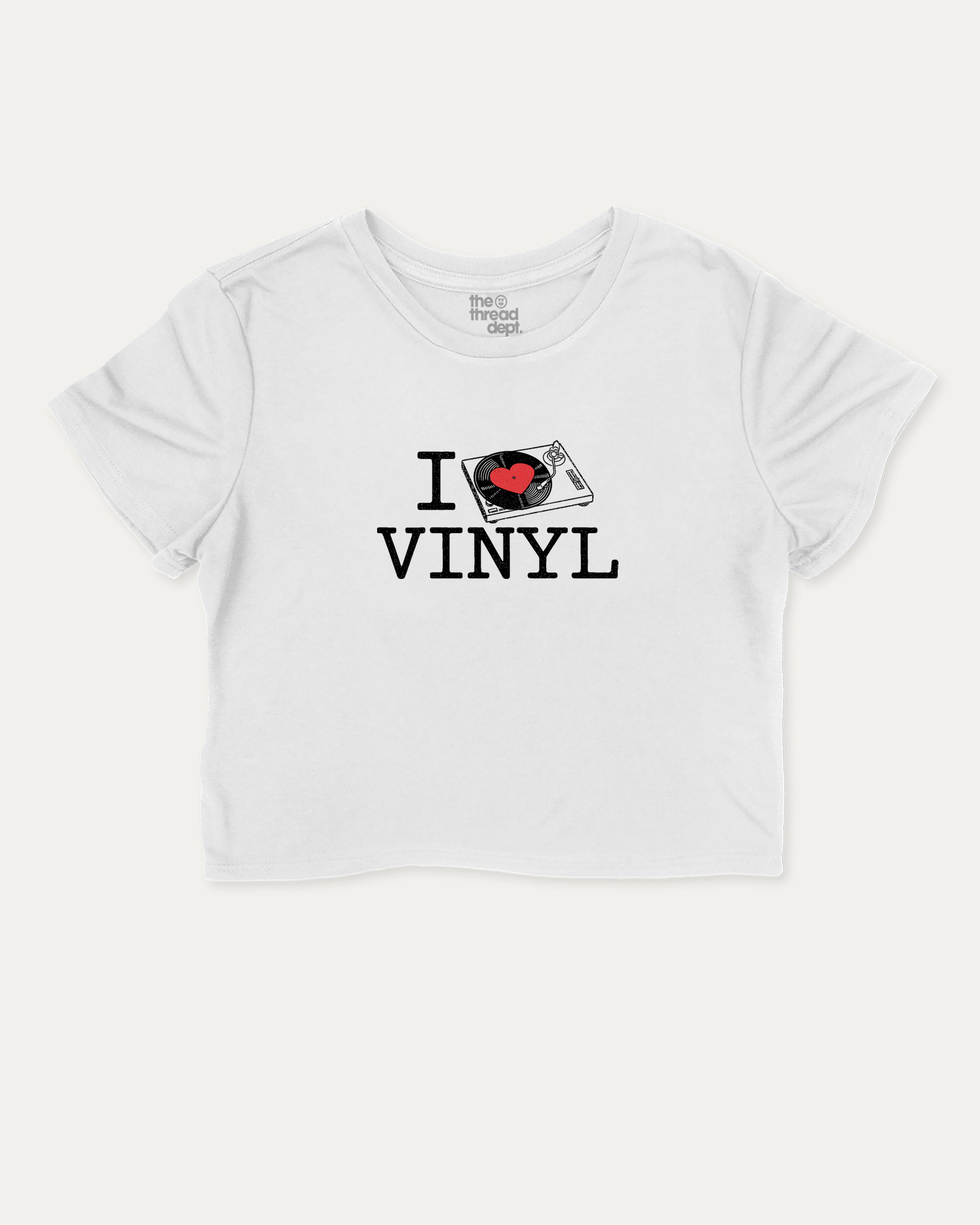 I Love Vinyl graphic crop tee with funny and trendy slogan print, perfect for women_ casual looks or layering. White crop t-shirt.