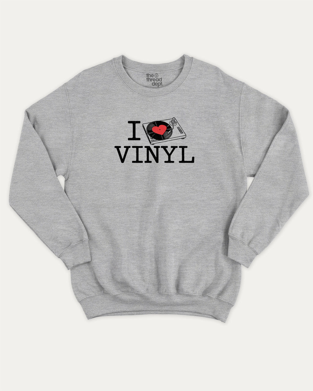 I Love Vinyl graphic sweatshirt with bold and humorous print, warm and cozy graphic for everyday wear. Perfect for adults and gift-giving. Heather Grey pullover.