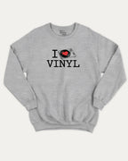 I Love Vinyl graphic sweatshirt with bold and humorous print, warm and cozy graphic for everyday wear. Perfect for adults and gift-giving. Heather Grey pullover.