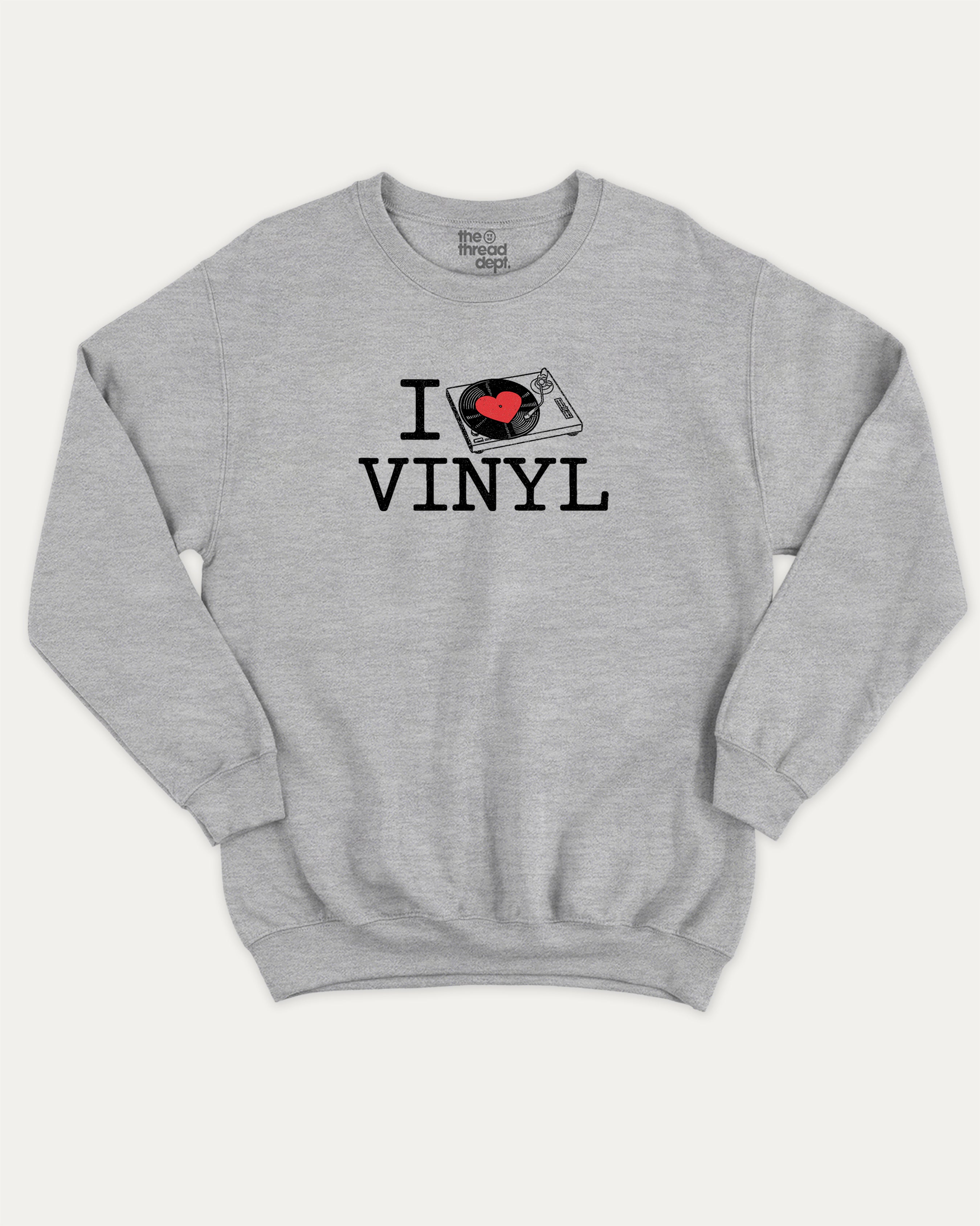 I Love Vinyl graphic sweatshirt with bold and humorous print, warm and cozy graphic for everyday wear. Perfect for adults and gift-giving. Heather Grey pullover.