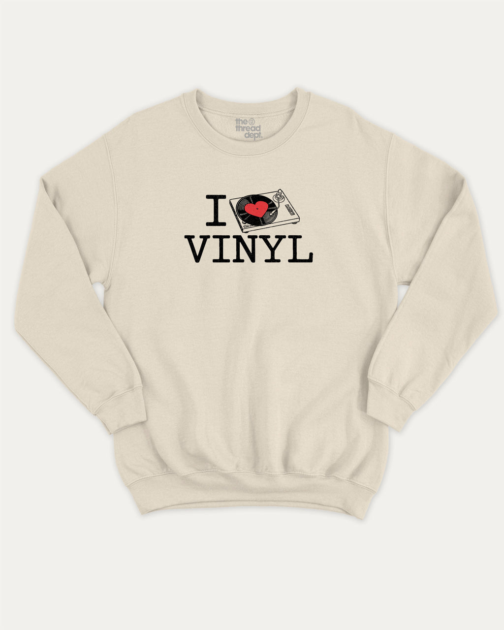 I Love Vinyl graphic sweatshirt with bold and humorous print, warm and cozy graphic for everyday wear. Perfect for adults and gift-giving. Natural pullover.