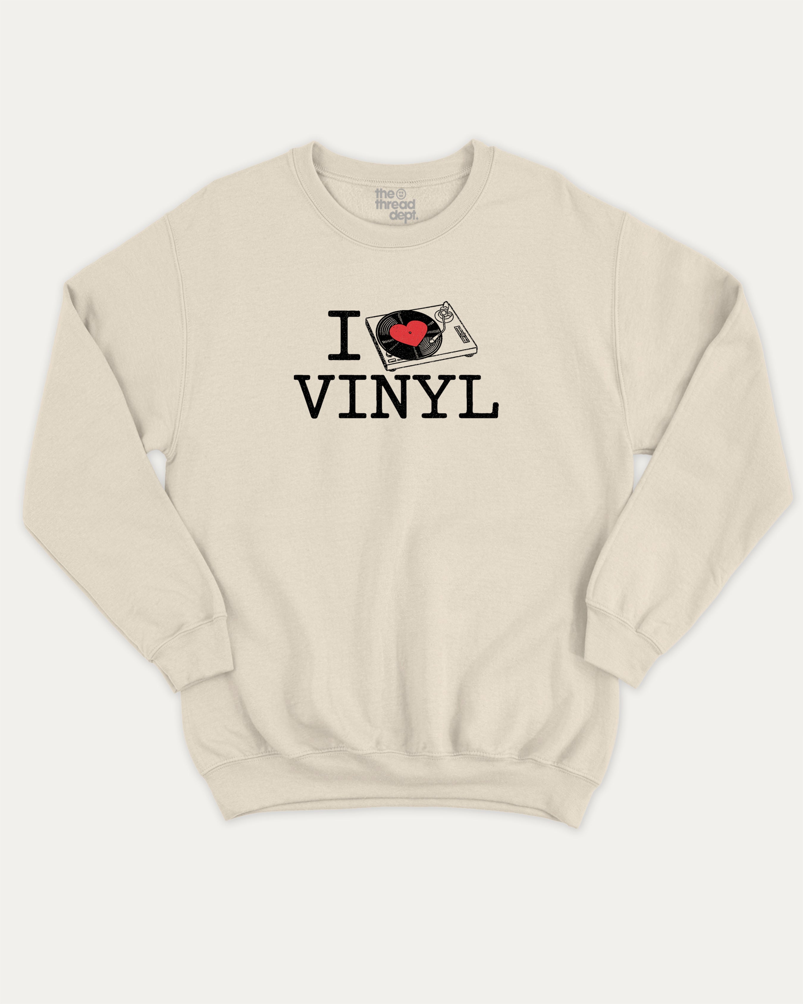 I Love Vinyl graphic sweatshirt with bold and humorous print, warm and cozy graphic for everyday wear. Perfect for adults and gift-giving. Natural pullover.