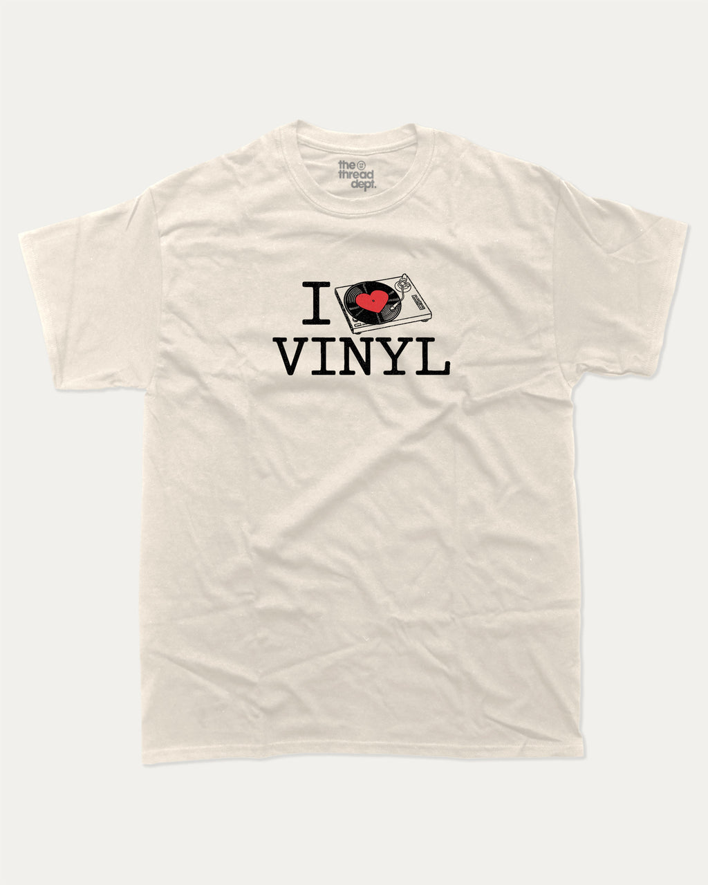 I Love Vinyl graphic tee with bold and humorous print, funny and trendy graphic. Perfect for adults and gift-giving. Cream shirt.
