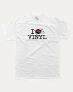 I Love Vinyl graphic tee with bold and humorous print, funny and trendy graphic. Perfect for adults and gift-giving. White shirt.