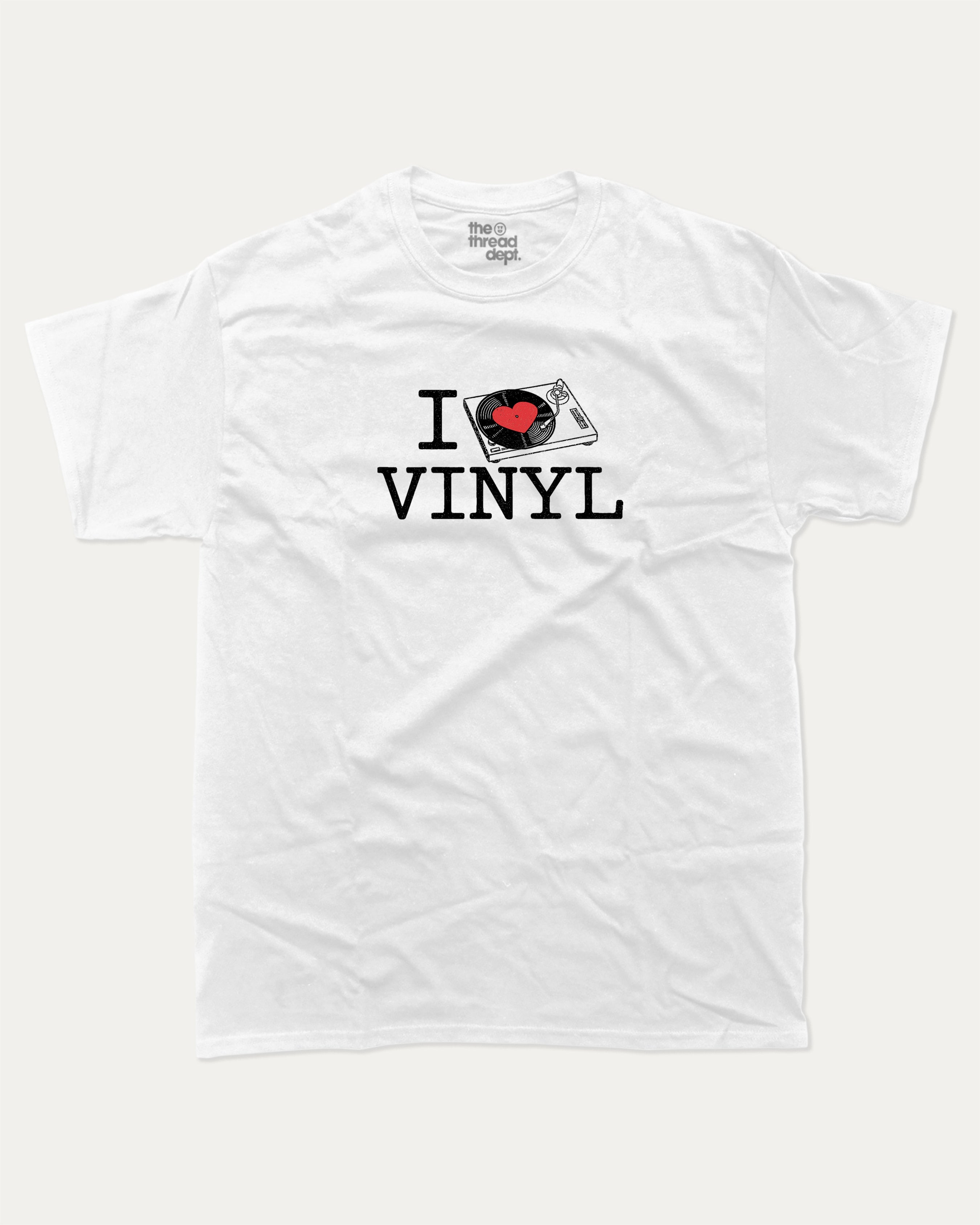 I Love Vinyl graphic tee with bold and humorous print, funny and trendy graphic. Perfect for adults and gift-giving. White shirt.