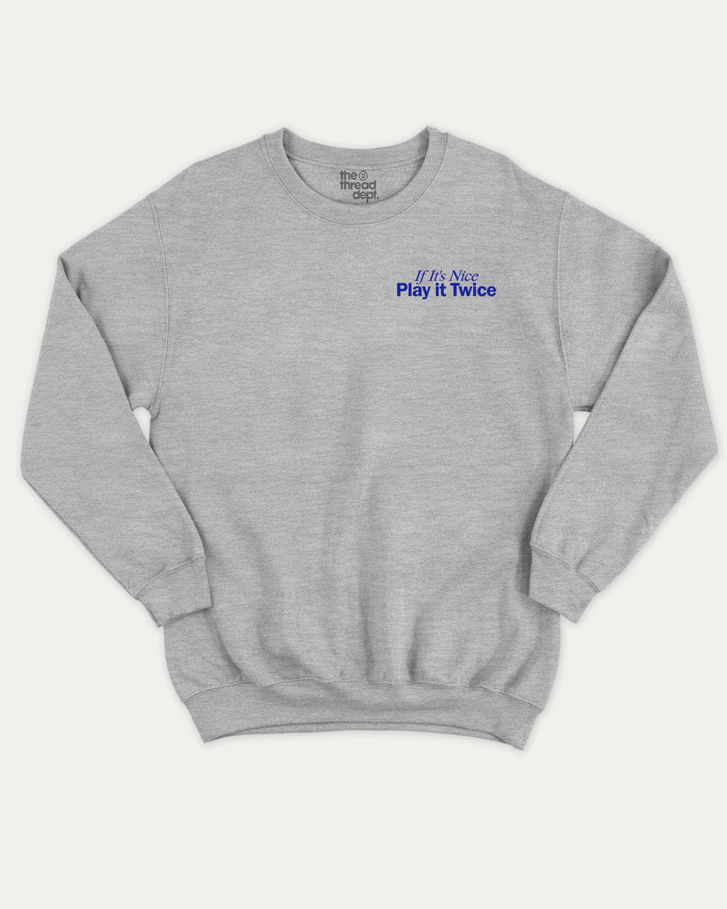 If It's Nice Play it Twice graphic sweatshirt with cute and funny DJ cat music print, warm and cozy graphic for everyday wear. Perfect for adults and gift-giving. Heather Grey pullover.