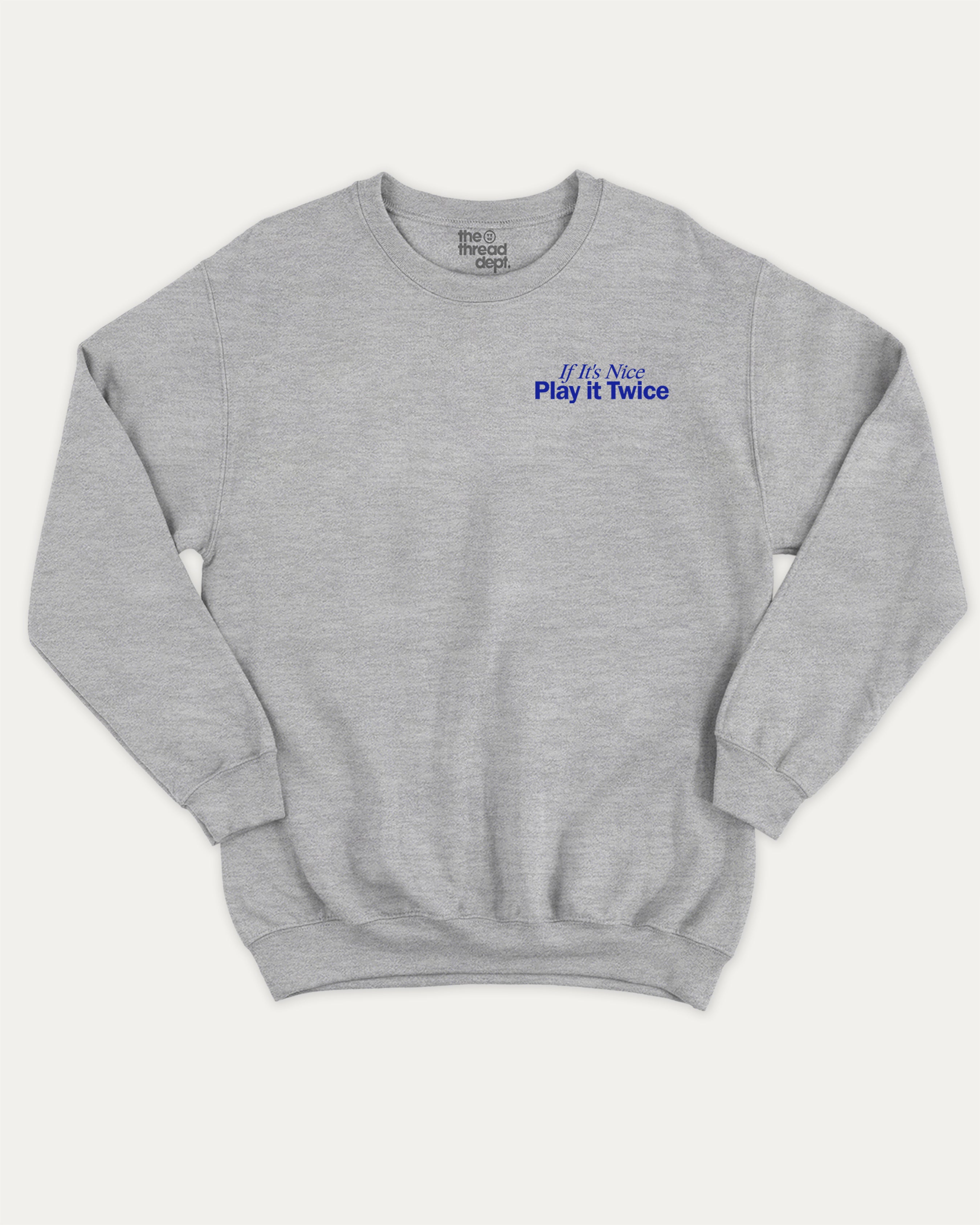 If It's Nice Play it Twice graphic sweatshirt with cute and funny DJ cat music print, warm and cozy graphic for everyday wear. Perfect for adults and gift-giving. Heather Grey pullover.