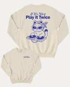 If It's Nice Play it Twice graphic sweatshirt with cute and funny DJ cat music print, warm and cozy graphic for everyday wear. Perfect for adults and gift-giving. Natural pullover.