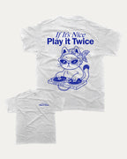 Grey t-shirt with a cat graphic and text 'If It's Nice Play it Twice' on a white background