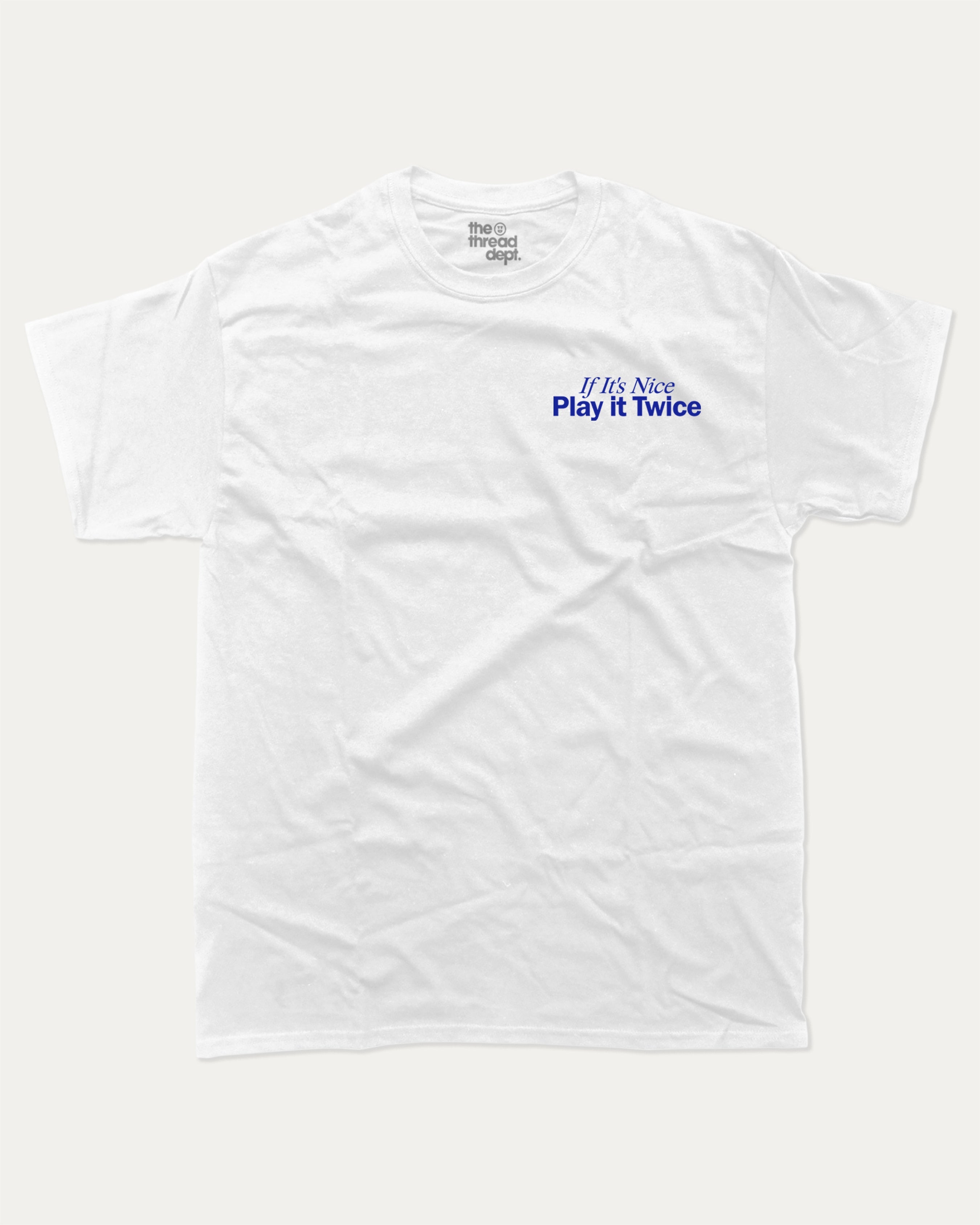 If It's Nice Play it Twice graphic tee with cute and funny DJ cat music print, funny and trendy graphic. Perfect for adults and gift-giving. White shirt.