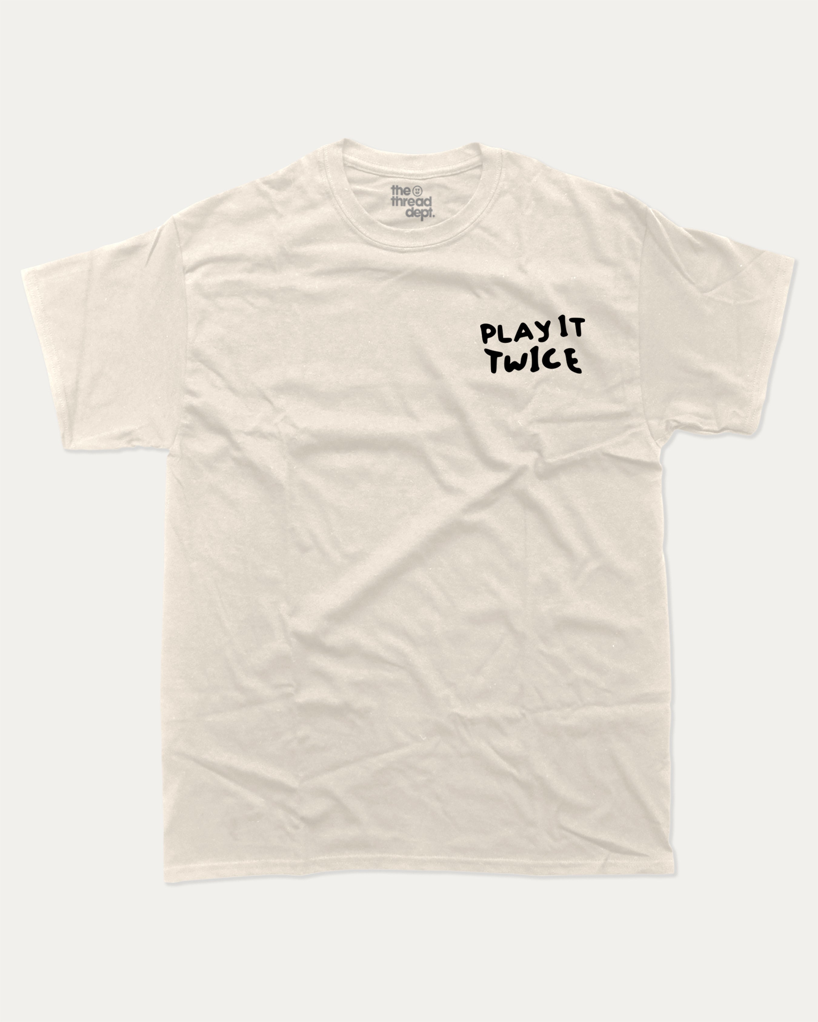 Play It Twice graphic tee with bold and humorous print, funny and trendy graphic. Perfect Gift for Vynil records fans, Retro Inspired Graphic T shirt, Back Printing Graphic Tee,  Perfect for adults and gift-giving. Cream shirt.
