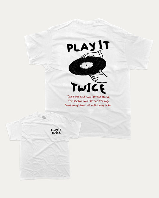 Play It Twice graphic tee with bold and humorous print, funny and trendy graphic. Perfect Gift for Vynil records fans, Retro Inspired Graphic T shirt, Back Printing Graphic Tee,  Perfect for adults and gift-giving. White shirt.