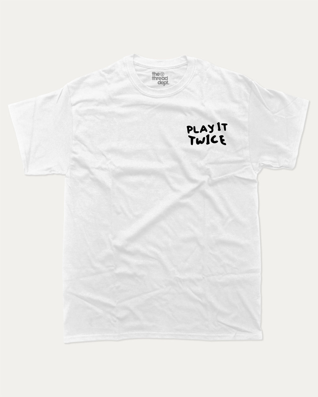 Play It Twice graphic tee with bold and humorous print, funny and trendy graphic. Perfect Gift for Vynil records fans, Retro Inspired Graphic T shirt, Back Printing Graphic Tee,  Perfect for adults and gift-giving. White shirt.