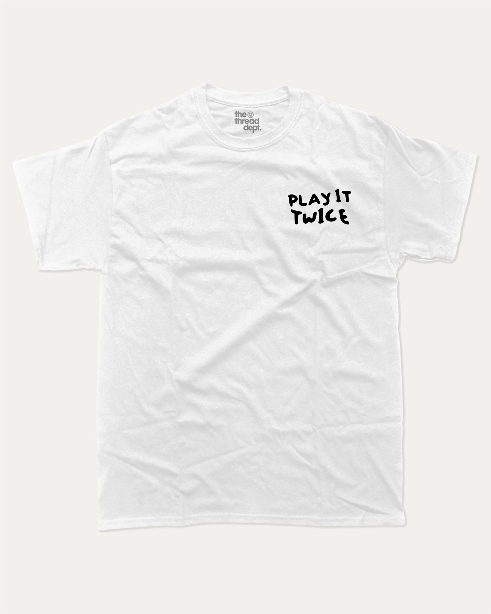Play It Twice graphic tee with bold and humorous print, funny and trendy graphic. Perfect Gift for Vynil records fans, Retro Inspired Graphic T shirt, Back Printing Graphic Tee,  Perfect for adults and gift-giving. White shirt.