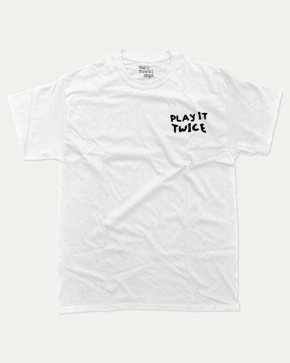 Play It Twice graphic tee with bold and humorous print, funny and trendy graphic. Perfect Gift for Vynil records fans, Retro Inspired Graphic T shirt, Back Printing Graphic Tee,  Perfect for adults and gift-giving. White shirt.