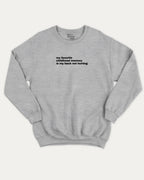 Gray sweatshirt with My Favorite Childhood Memory Is My Back Not Hurting graphic on a white background