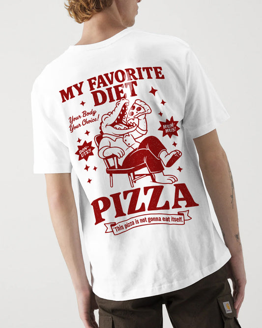 Person wearing a white t-shirt with red pizza-themed graphic design on the back.