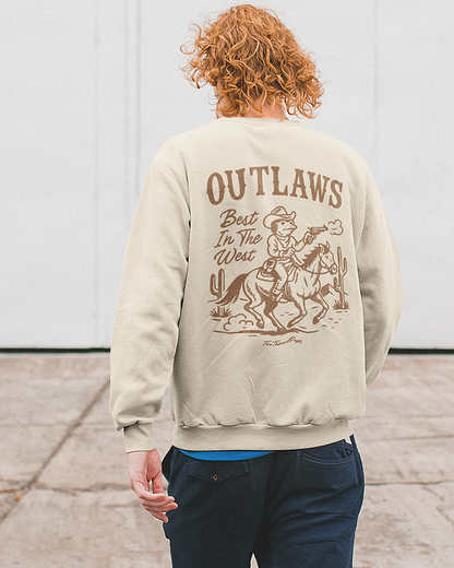 Outlaws Best In The West pullover sweatshirt, perfect for adults. Western bold graphic pullover, comfy cold-weather wear, bold casual look. Natural sweater