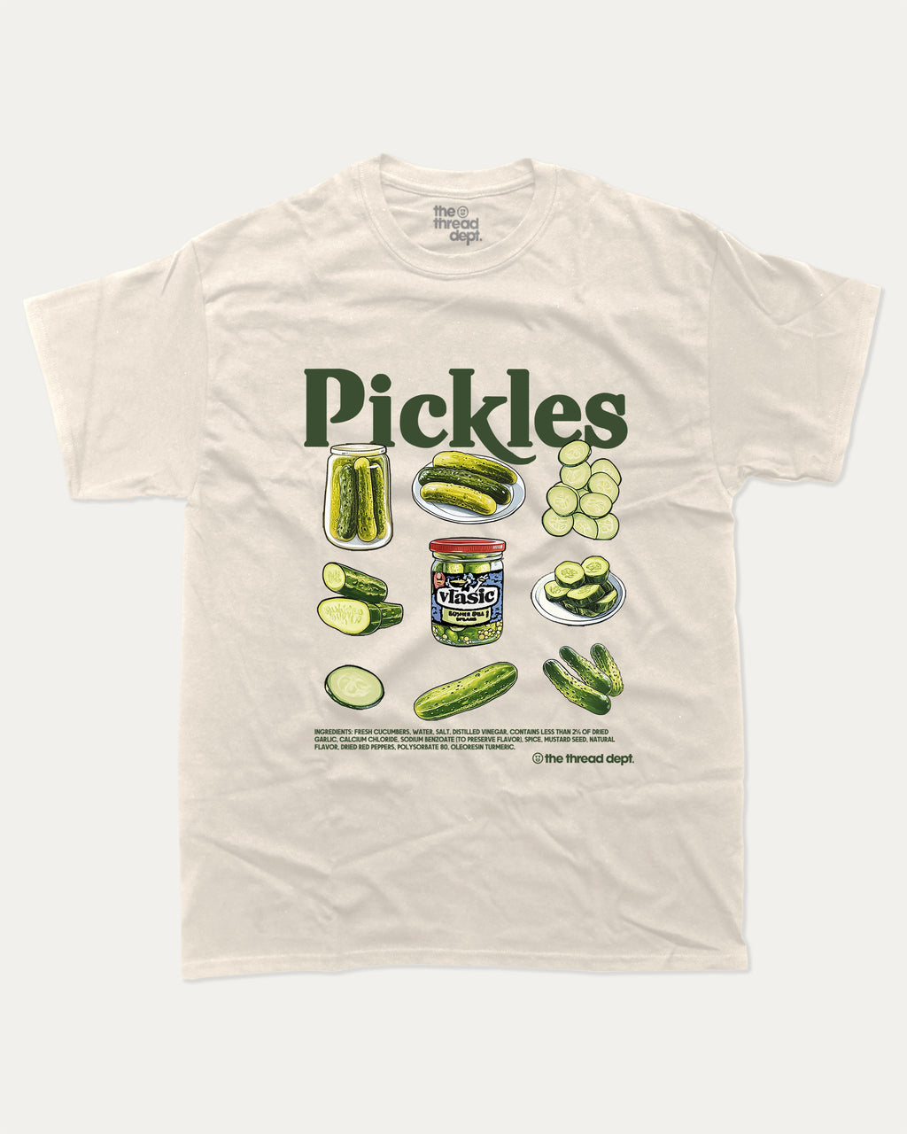 Beige t-shirt with pickle graphic and text on a white background