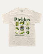 Beige t-shirt with pickle graphic and text on a white background