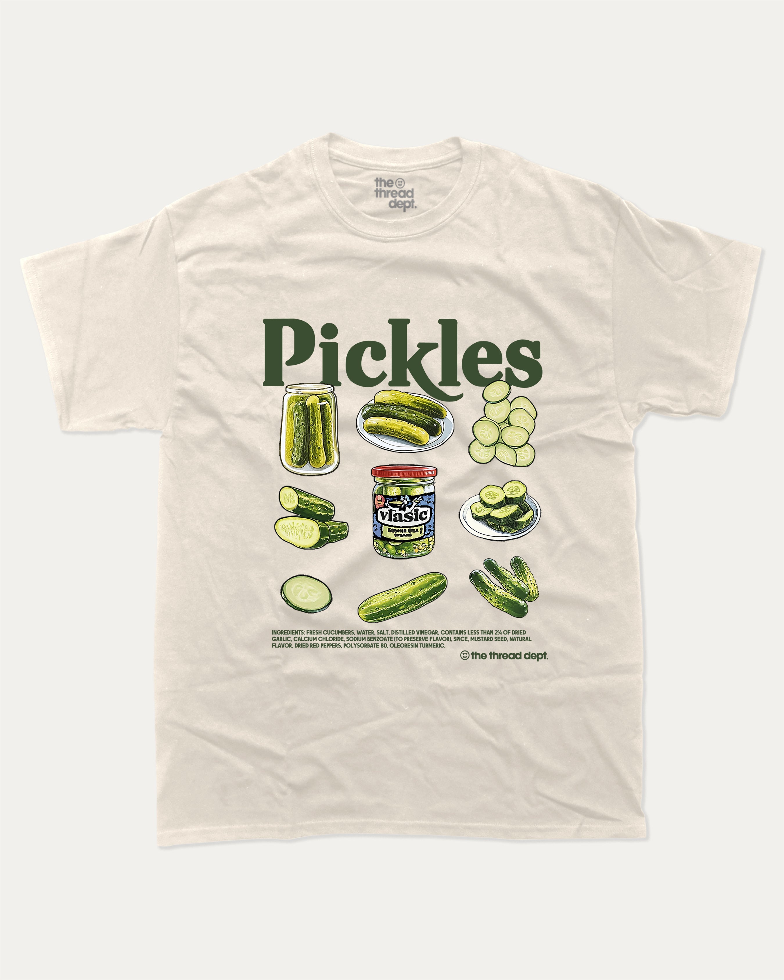 Beige t-shirt with pickle graphic and text on a white background