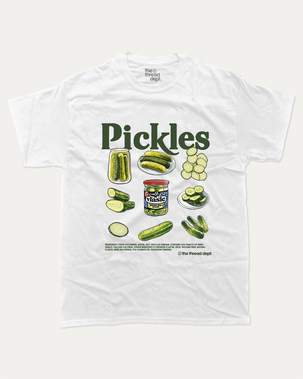 White t-shirt with pickle graphic and text on a white background