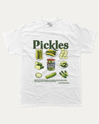 White t-shirt with pickle graphic and text on a white background