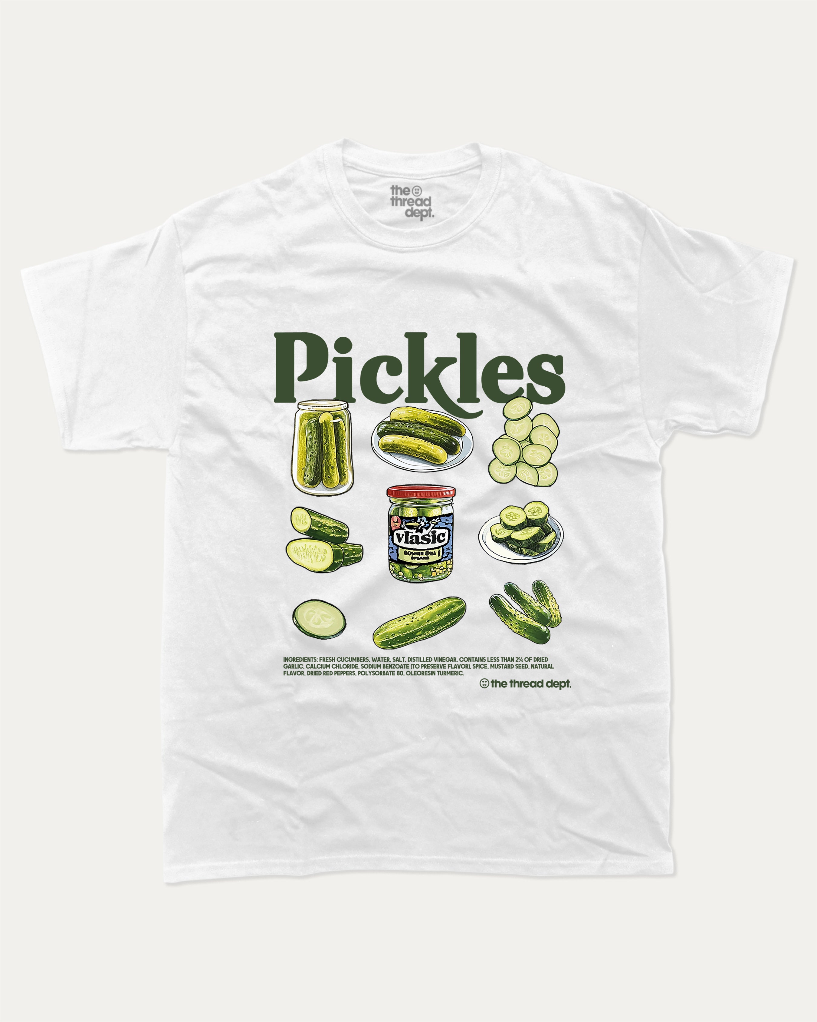 White t-shirt with pickle graphic and text on a white background