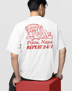 Person wearing a white t-shirt with red graphics and text on the back.