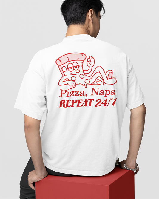 Person wearing a white t-shirt with red graphics and text on the back.