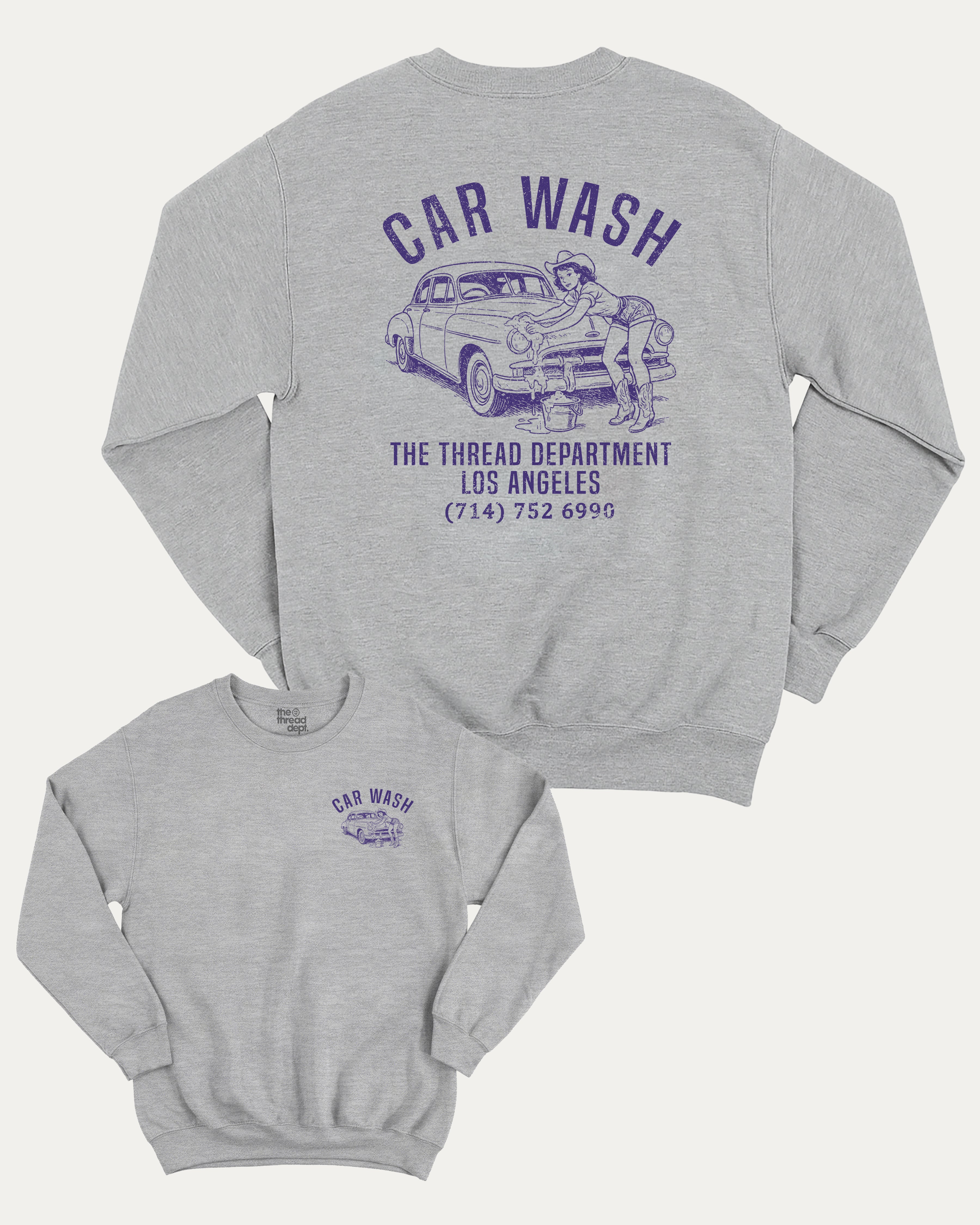 Car Wash graphic sweatshirt with bold and humorous print, Retro Inspired Graphic T shirt, Vintage Inspired Graphic T shirt, Y2k Retro Graphic  T shirt. warm and cozy graphic for everyday wear. Perfect for adults and gift-giving. Heather Grey pullover.