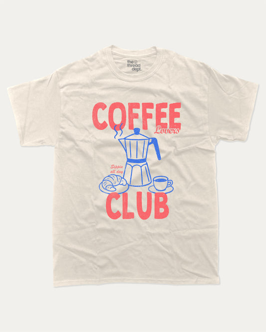 Coffee Lovers Club graphic t-shirt, Coffee Graphic T shirt, Coffee Lovers T shirt,. A must-have funny tee, trending meme shirt, unique gift idea. Cream.