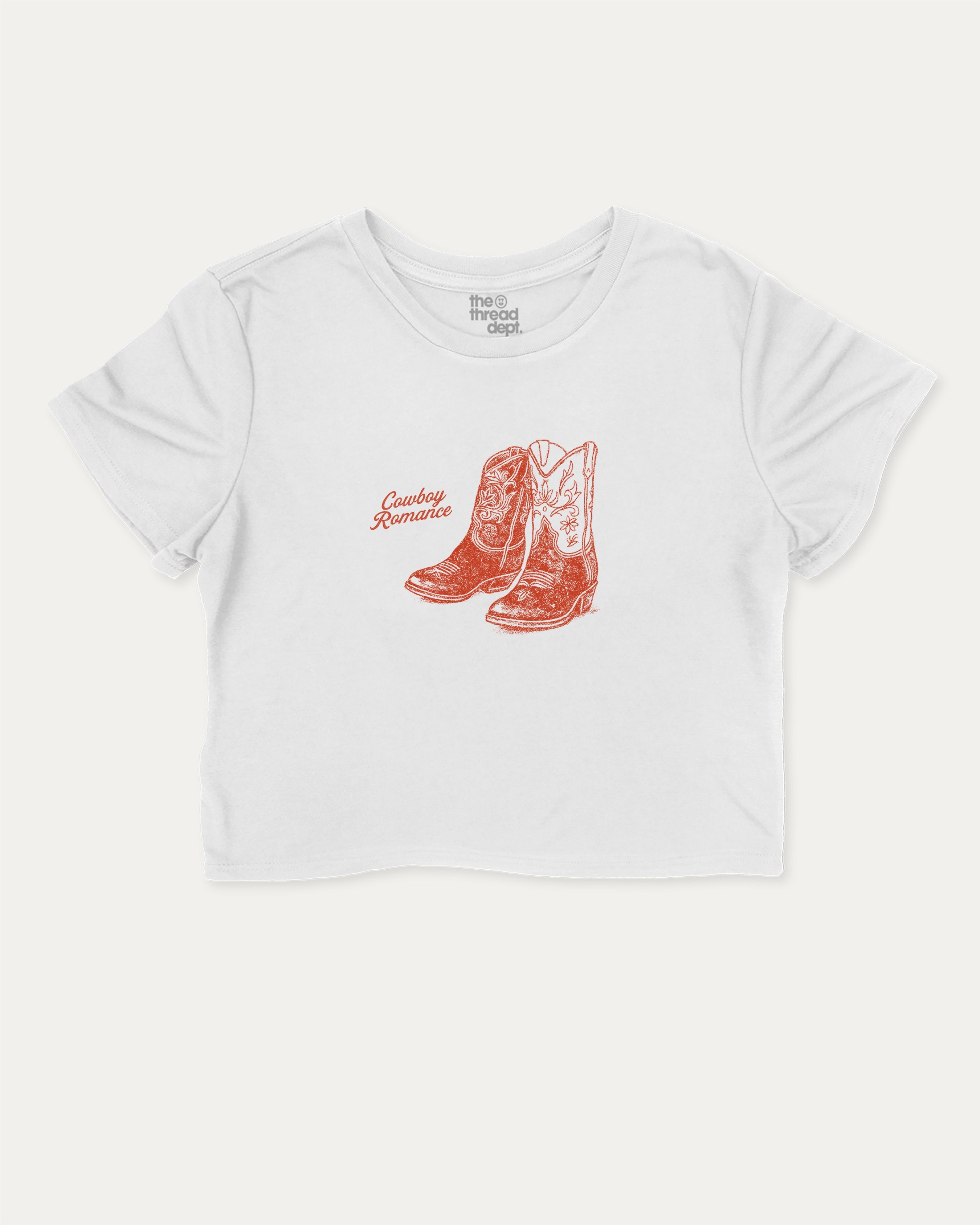 Cowboy Romance graphic crop tee with funny and trendy slogan print, perfect for women’s casual looks or layering. White crop t-shirt.