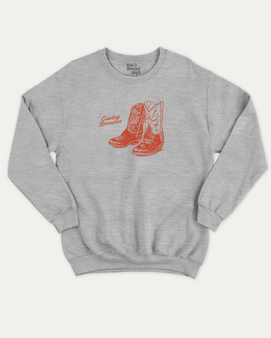 Cowboy Romance graphic pullover with vintage and retro print, funny and vintage graphic for everyday wear. Perfect funny gifts for friends. Heather Grey pullover.