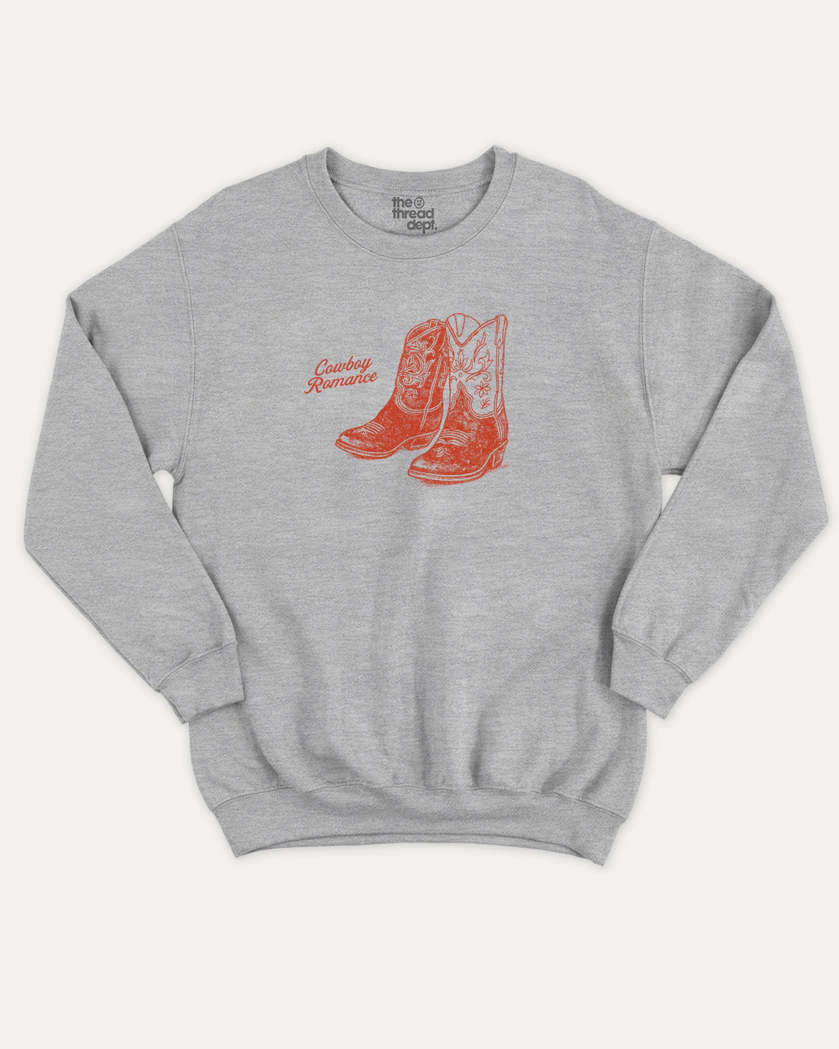 Cowboy Romance graphic pullover with vintage and retro print, funny and vintage graphic for everyday wear. Perfect funny gifts for friends. Heather Grey pullover.