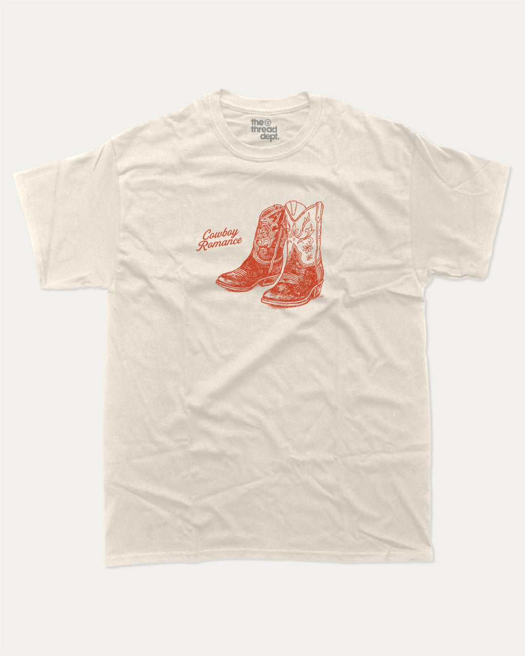 Cowboy Romance graphic t-shirt with retro western print, funny and trendy graphic. Perfect gifts for friends and family. Cream shirt.