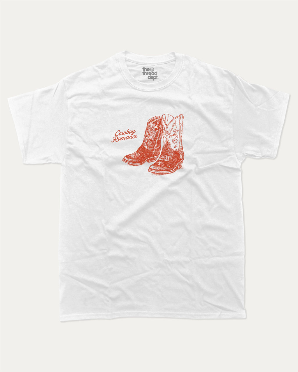 Cowboy Romance graphic t-shirt with retro western print, funny and trendy graphic. Perfect gifts for friends and family. White shirt.
