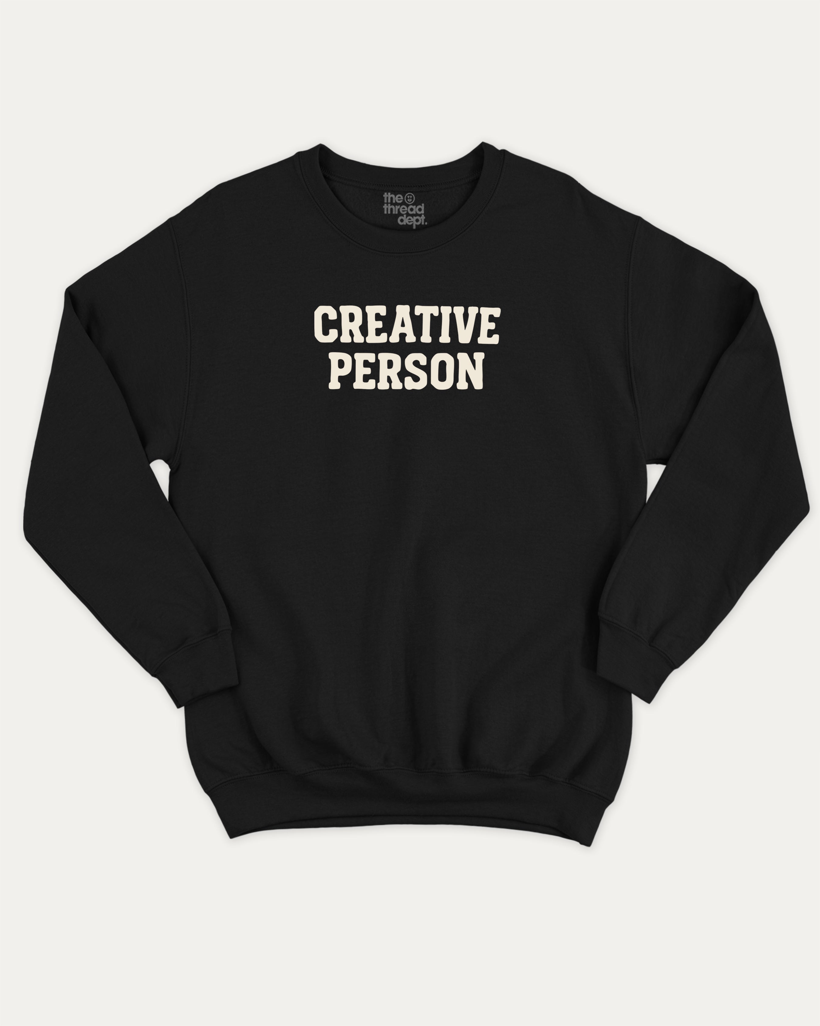 Creative Person graphic sweatshirt with bold and humorous print, warm and cozy graphic for everyday wear. Perfect for adults and gift-giving. Black pullover.