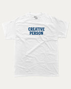 Creative Person graphic tee with bold and humorous print, funny and trendy graphic. Perfect for adults and gift-giving. White shirt.