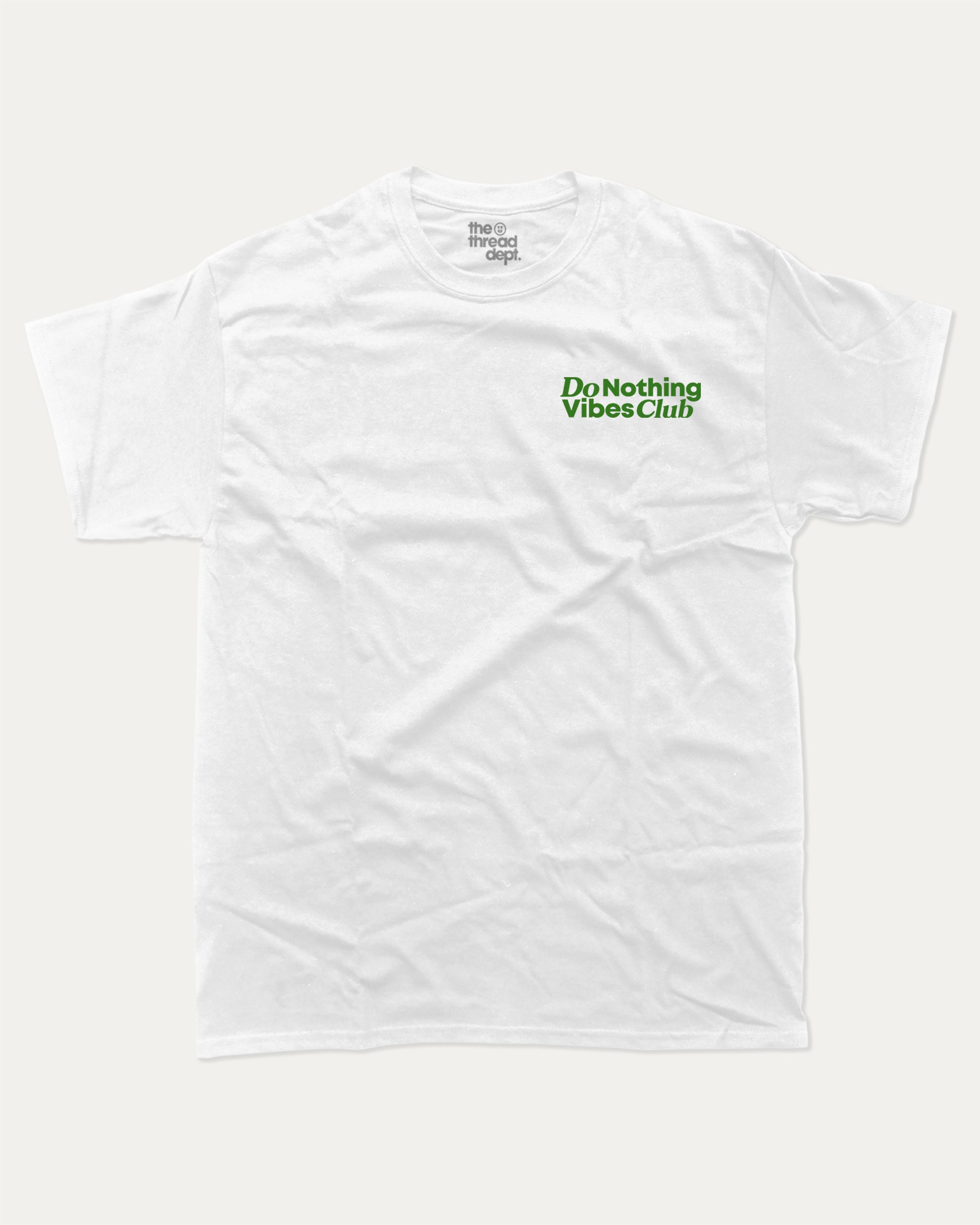 Do Nothing Vibes Club graphic tee with bold and humorous print, funny and trendy graphic. Vintage Inspired Graphic t shirt, Retro Inspired Graphic T shirt,  Perfect for adults and gift-giving. White shirt.