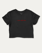 I Just Work Here graphic crop tee with funny and trendy slogan print, perfect for women_ casual looks or layering. Black crop t-shirt.