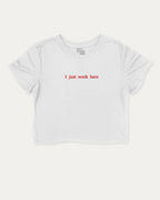 I Just Work Here graphic crop tee with funny and trendy slogan print, perfect for women_ casual looks or layering. White crop t-shirt.