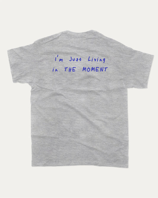 I'm just living in the moment graphic t-shirt, Vintage Retro Humor Tees, Funny T shirts,. A must-have funny tee, trending meme shirt, unique gift idea. Heather Grey.