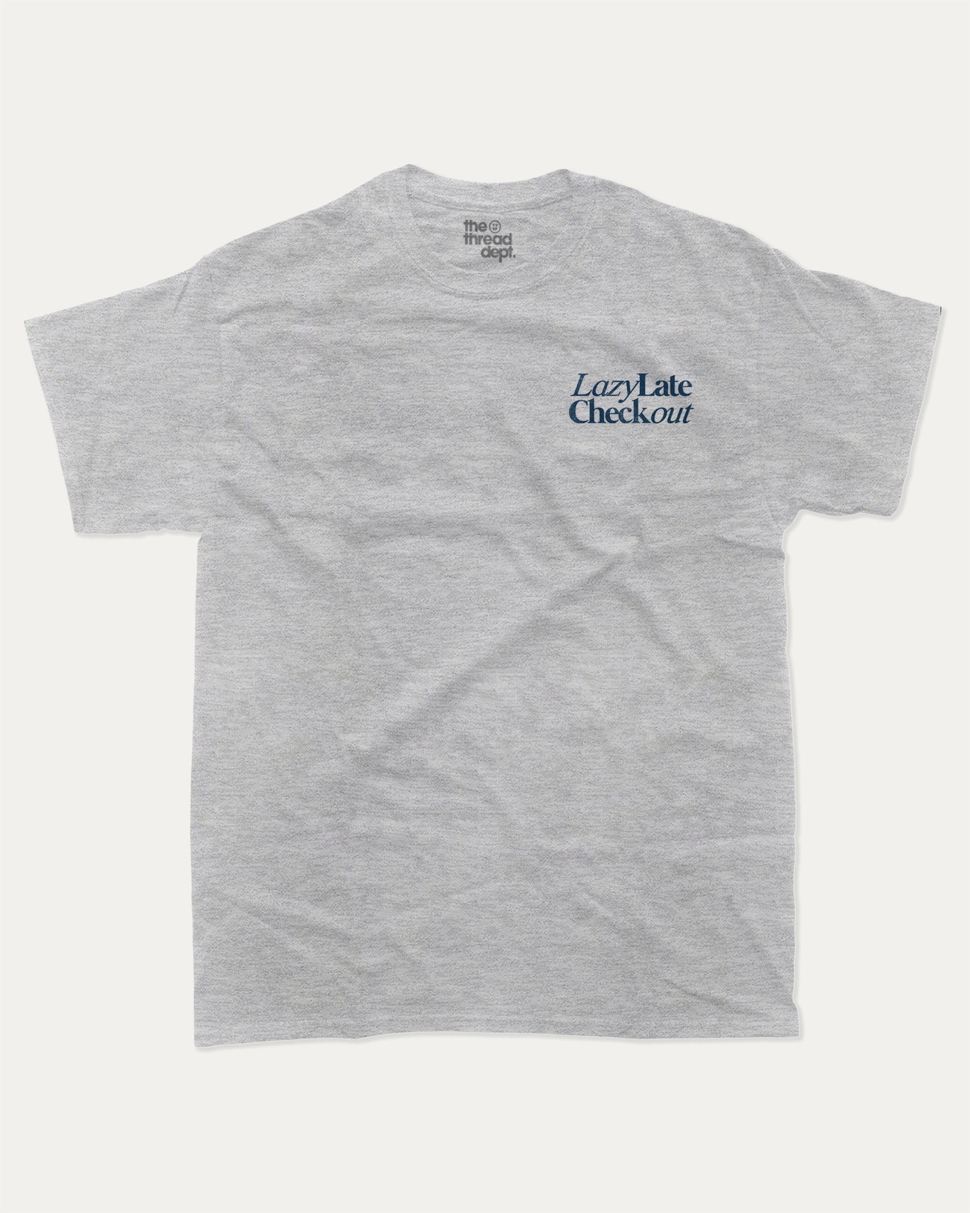 Lazy Late Check Out graphic tee with bold and humorous print, funny and trendy graphic. Retro Inspired Graphic T shirt, Vintage Inspired Graphic T shirt,  Perfect for adults and gift-giving. Heather Grey shirt.